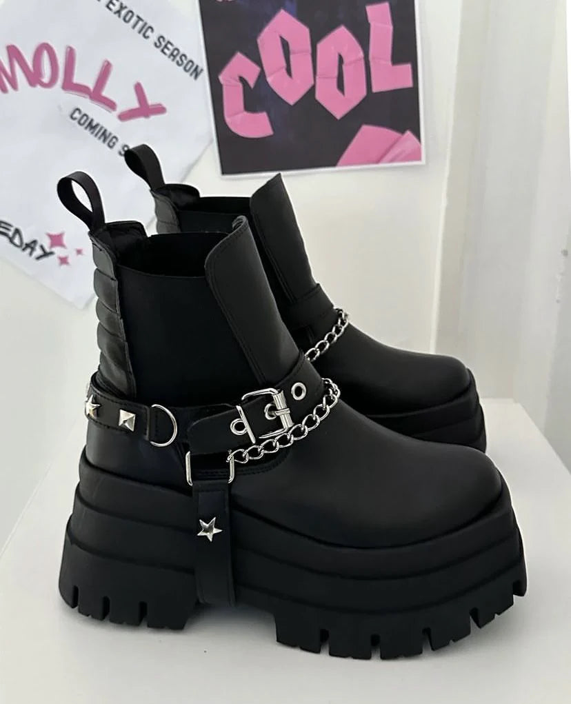 Raven Buckle Platform Ankle Boots