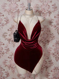 Burgundy Velvet Cowl-Neck Mini Dress