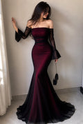 Burgundy Mesh Off-The-Shoulder Mermaid Maxi Dress